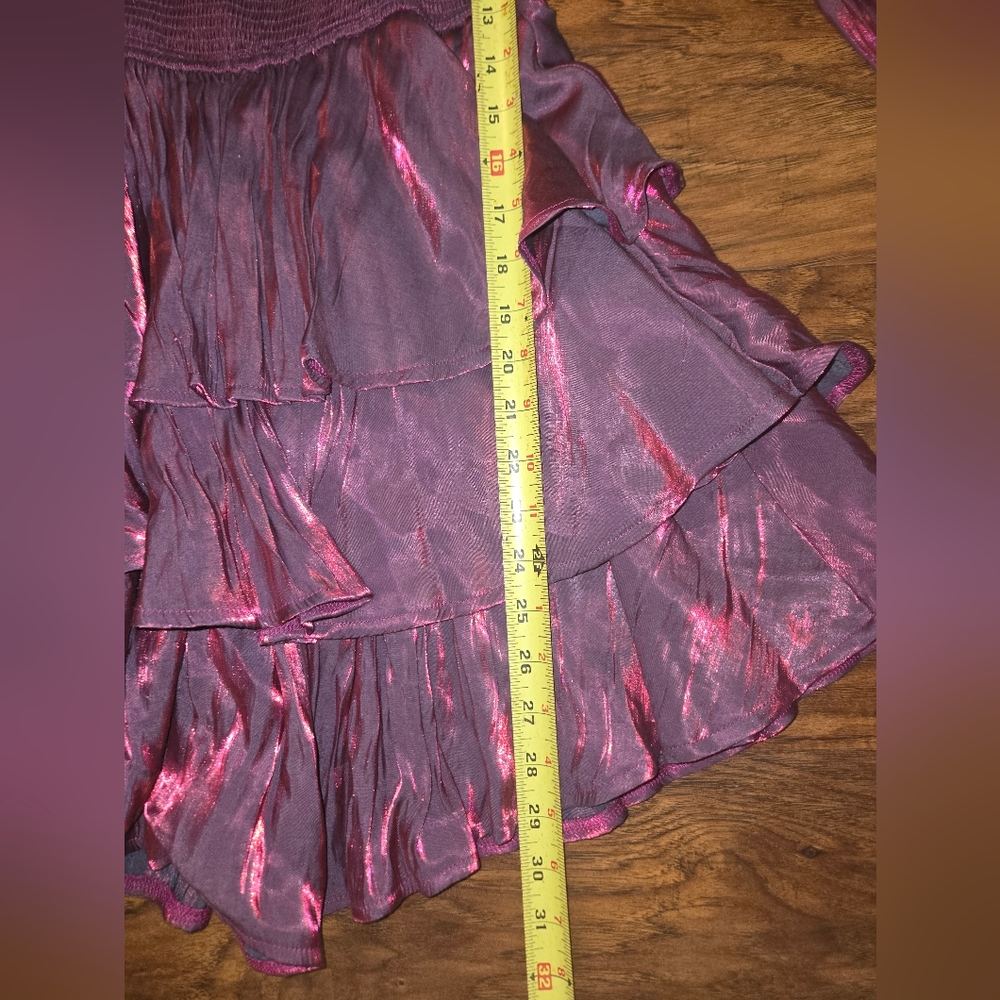 Entro Medium Long Sleeve Metallic Chromatic Purple Ruffle Tiered Romper - Picture 6 of 9